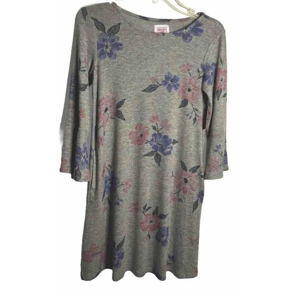 L 12-14 Bailey Lane gray floral short dress long sleeves with pockets rayon/poly